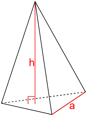 Berechent de Volume vun enger regulärer dräieckeger Pyramid mat der Héicht an der Säit vun der Basis.