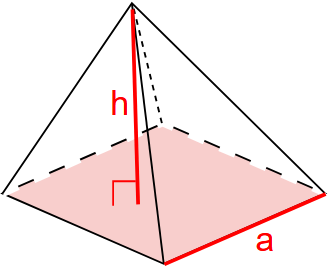 Berechent de Volume vun enger regulärer véiereckege Pyramid mat der Héicht an der Säit vun der Basis.