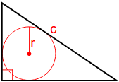  d'Gebitt vum Dräieck laanscht d'Hypotenuse an de Radius vum ageschriwwene Krees