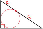  d'Gebitt vun engem Dräieck laanscht de Tangent zum ageschriwwene Krees deen d'Hypotenuse an Deeler deelt